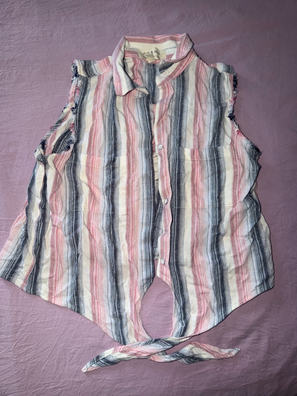 cloth & stone Pink, Navy & Cream Striped Collared Tie-Front Top